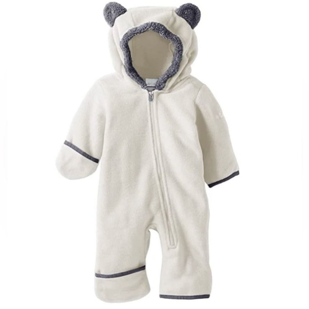 Columbia Fleece Zipper Winter Bear Suit Baby Snow Coverall Cream Sz 0-3 months